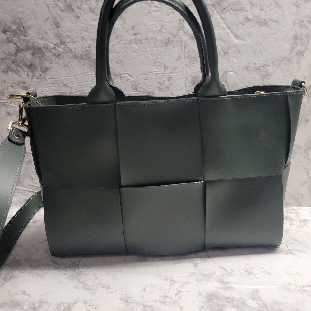 Valentina Fiore Green Woven Leather Tote Bag Made in Italy Crossbody Handbag